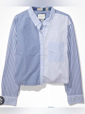 100% Cotton Striped Colour Block Cropped Long Sleeve Button Down Top